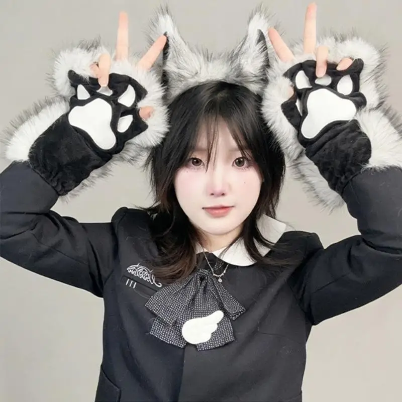 A52E Warme Pelzigen Wolf Cosplay Zubehör Mit Ohren Stirnband Und Fäustlinge Fantasy Cosplay Requisiten Für Winter Event – Detail 8