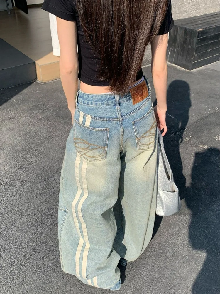 

American Style Vintage Washed Double Bar Knife Jeans Women Loose Slim Wide Leg Pants High Waist Casual Wear Spring 2026