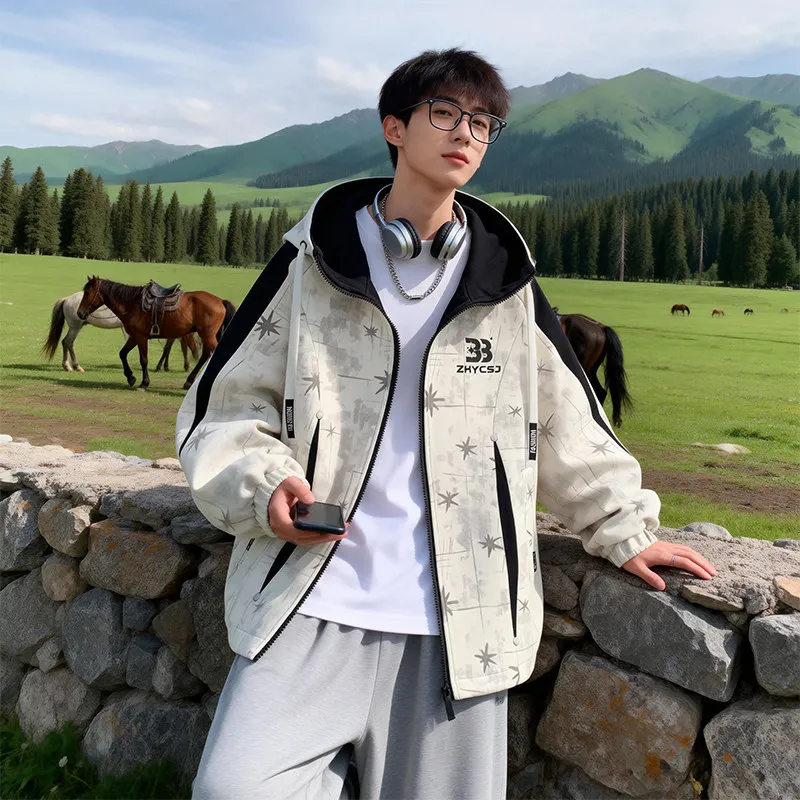 

Новая весенне-осенняя мужская повседневная куртка с капюшоном: стильная, модная, универсальная верхняя одежда для подростков и студентов, из полиэстера, с длинными рукавами