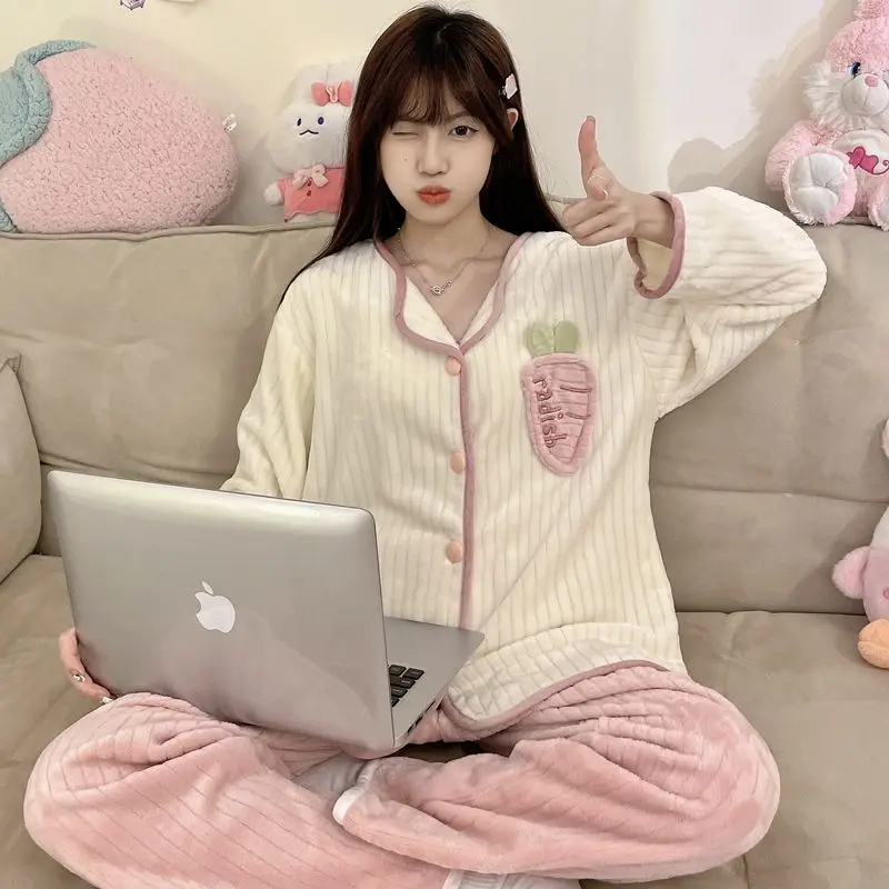 Pajamas Women Autumn Winter Coral Fleece Thickened Velvet Padded Loose Sleepwear Flannel Warm Stand Collar Student Homewear Suit