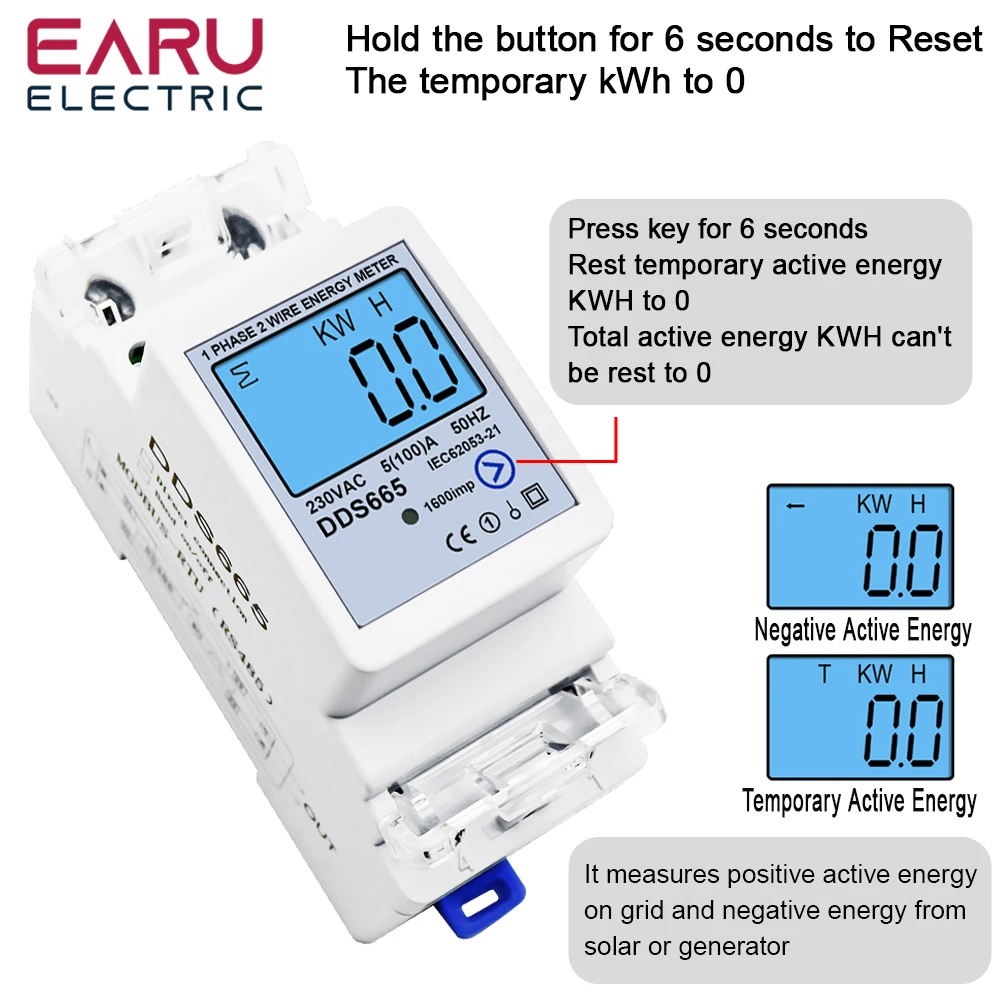 Multifunzione 230V 100A misuratore di energia bidirezionale Reset Zero Kwh Solar PV Power tensione corrente frequenza comunicazione RS485