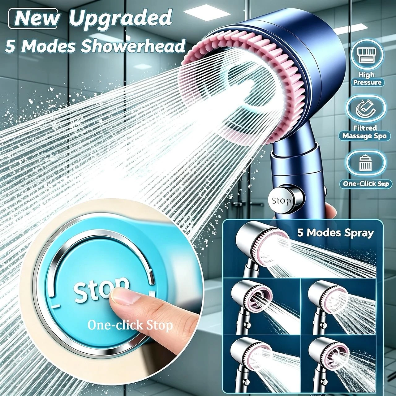 5 Modes Handheld Shower Head Filter Powerful Massage Spa High Pressure Water Saving Showerhead with ON/OFF Switch for Bathroom