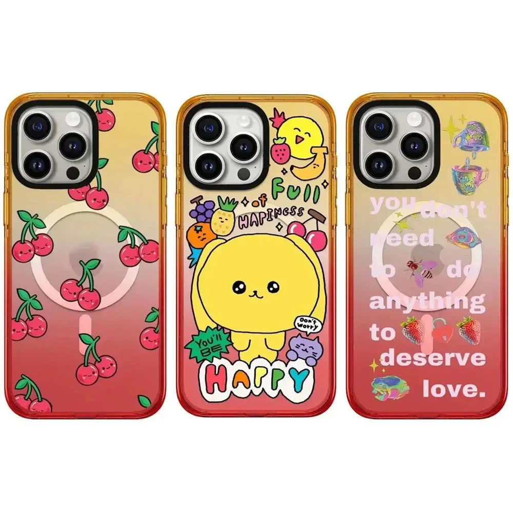 

Cartoon Cherry Peach Gradient Border 2.5 Acrylic Magnetic Phone Case Cover for iPhone 13 14 15 Pro Max Protective Case