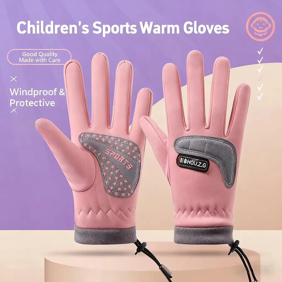 Warme Fahrradhandschuhe für Kinder, Jungen und Mädchen, Zugseil, Handgelenk, Wärme, wasserdicht, rutschfest, Outdoor-Wander- und Spielhandschuhe
