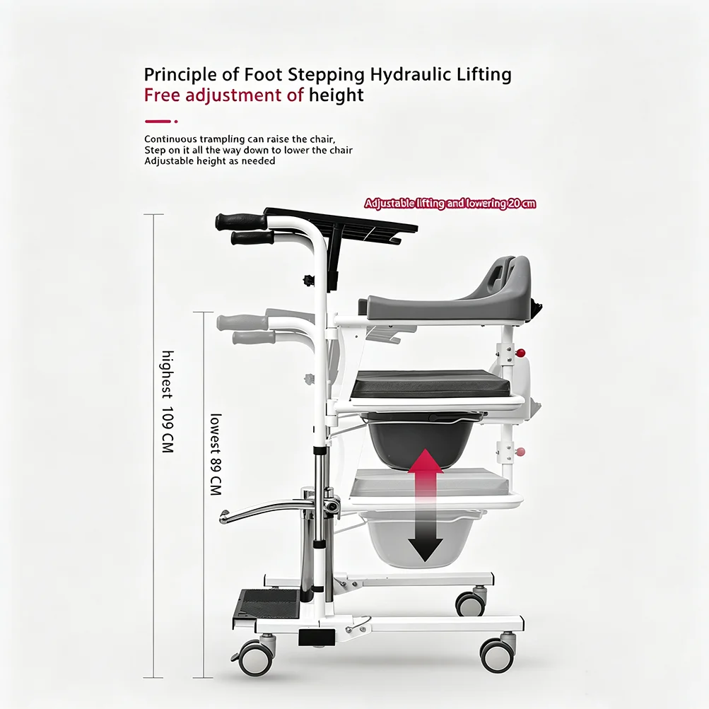 Hydraulic Foot Pedal Transfer Chair, Height Adjustable Commode Shower Chair for Disabled Seniors, 4-Wheel Mobility Aid