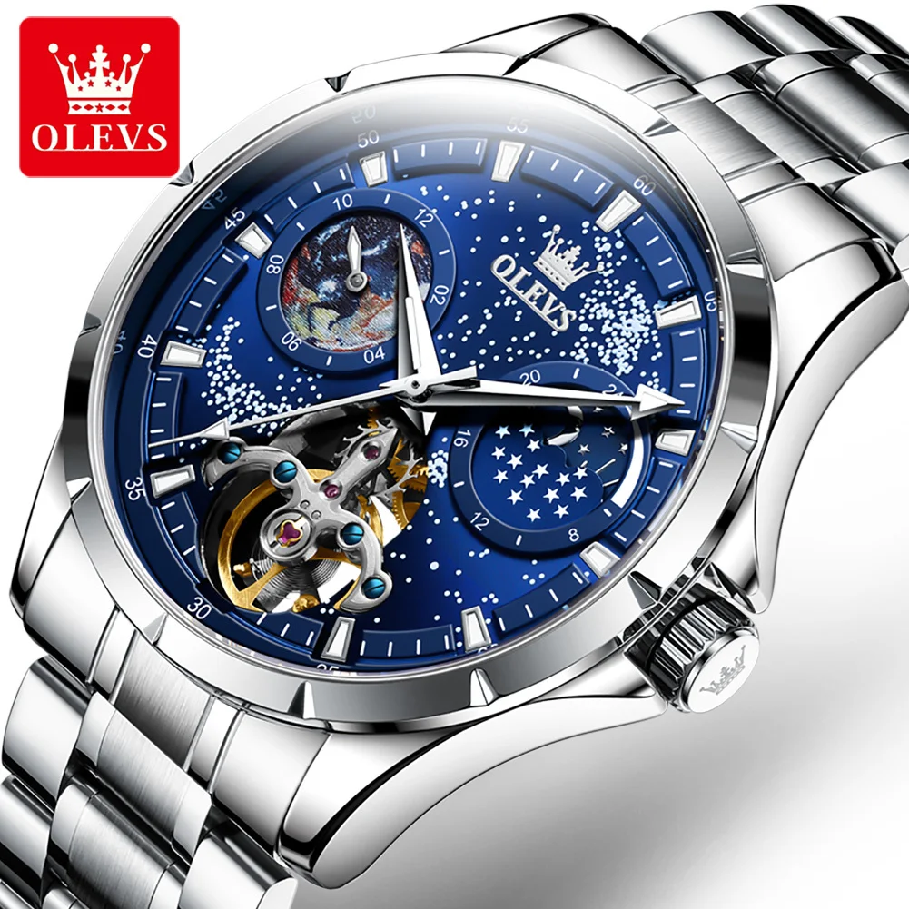 

Men's Wristwatch Top Brand Automatic Mechanical Watch for Man Stainless Steel Deep Waterproof Moon Phase Starry Dial Boys Gift