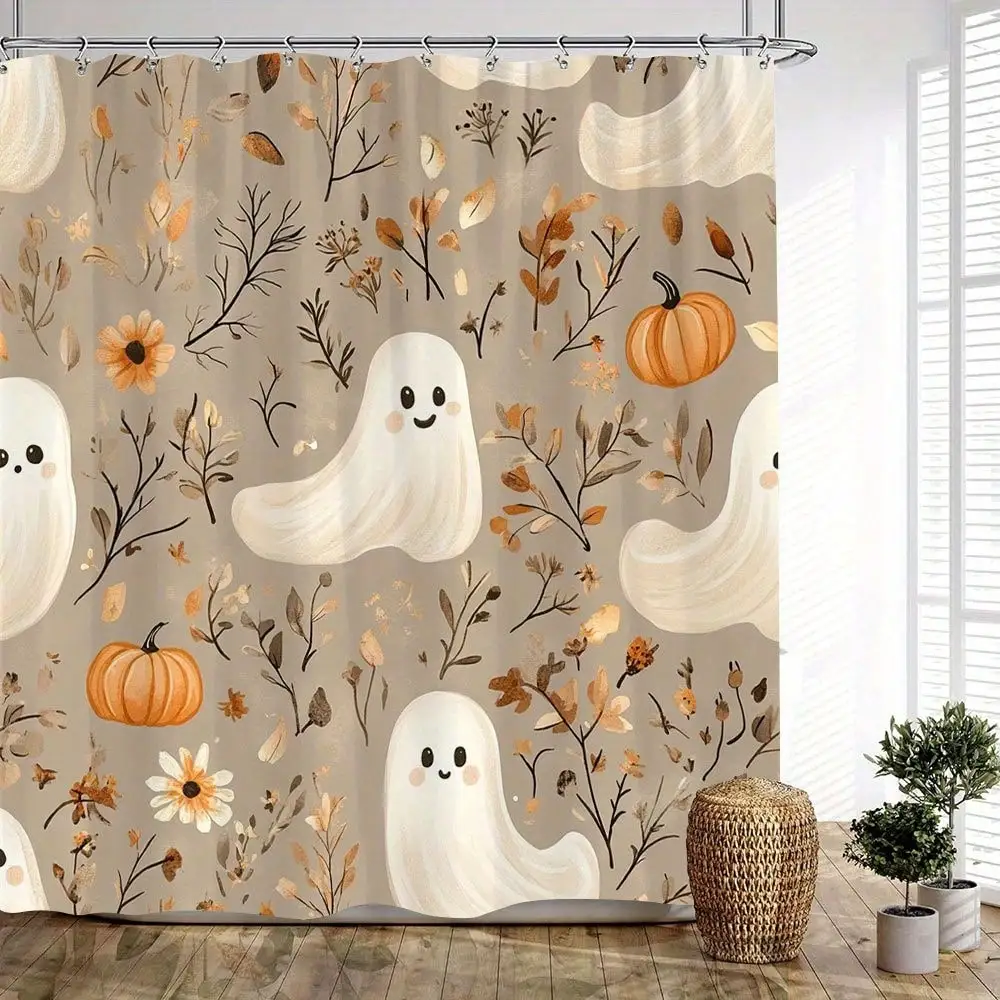 1pc Halloween Shower Curtain - Spooky Bathroom Decor With Cute Ghosts, Pumpkins, Leaves - Extra Long 66x72Inches - Machine Washable Polyester Fabric - Includes 12 Hooks For Easy Hanging - Fall Bathroom Window Decoration