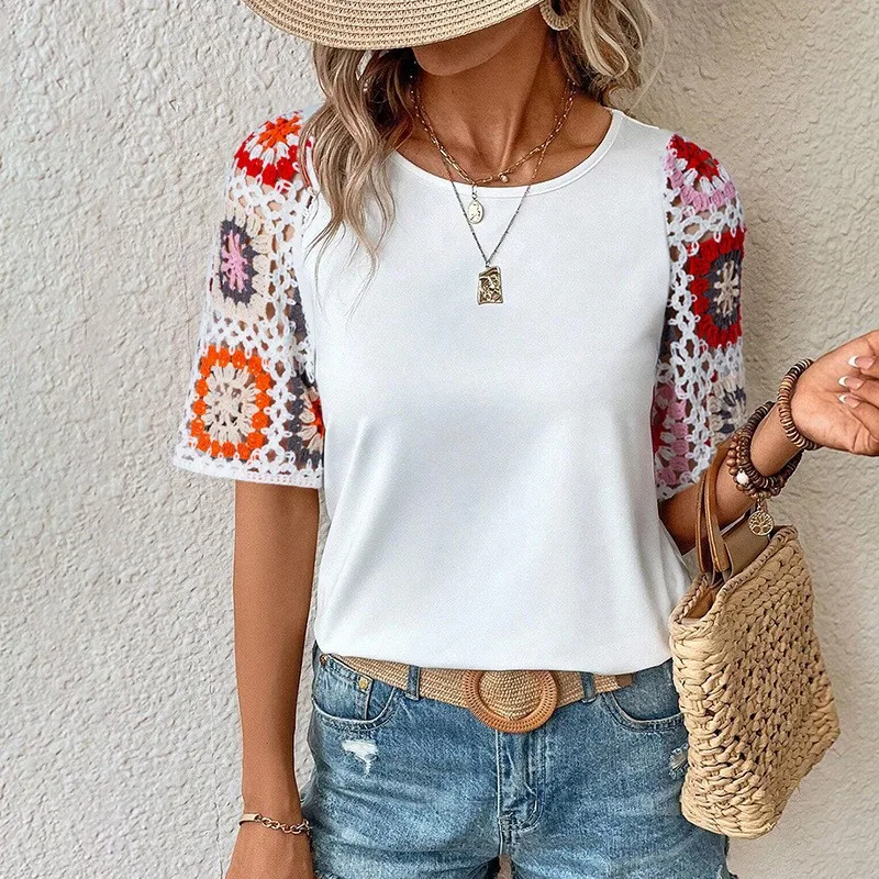 

2025 Summer New Simple Round Neck Women Casual T-shirt Versatile Crochet Female Short Sleeved Tops