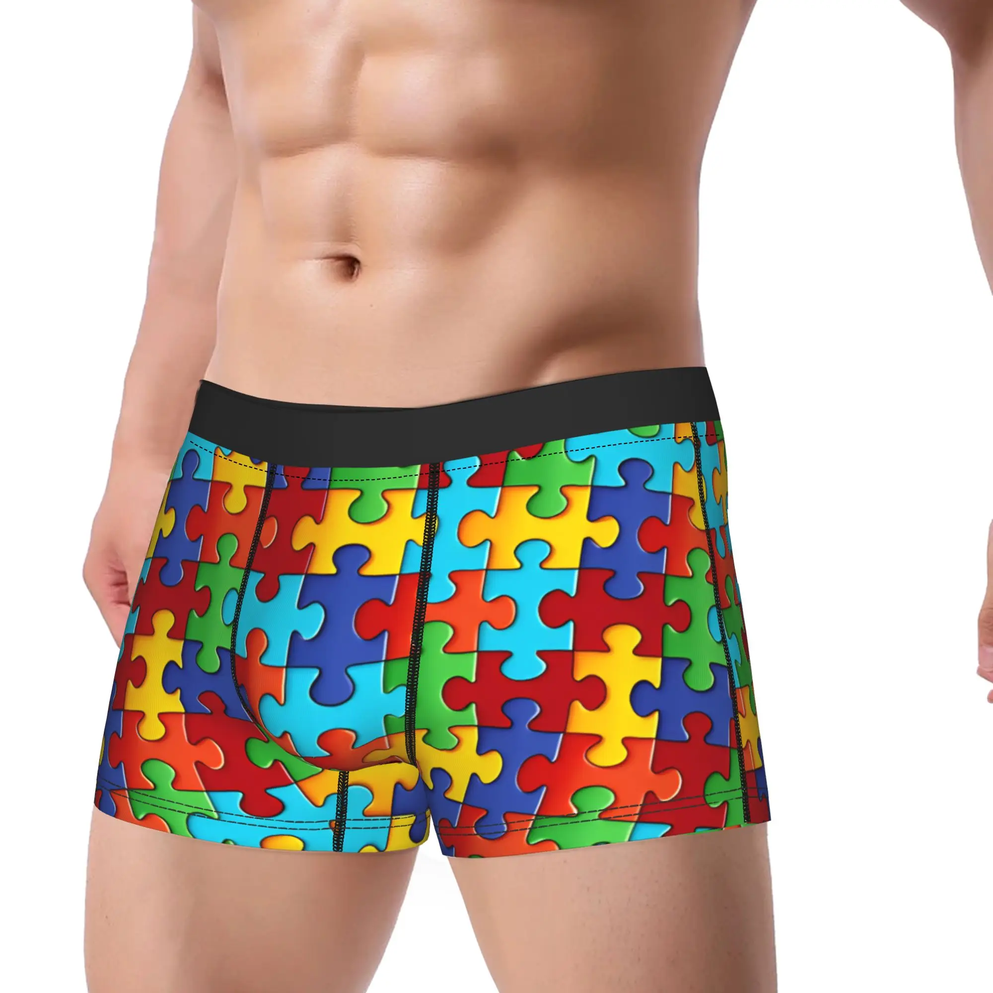 

Vibrant Multi-Color Autism Puzzle Underwear Breathable Panties Printing Shorts Briefs For Males Pouch Plus Size Boxer Shorts