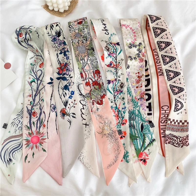 

French Tarot Spring New Versatile Plants and Flowers Women's Twill Silk Small Scarf Wrap Hand Tie Bind a bag Ribbon Hair Band