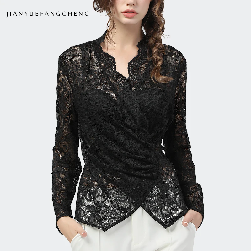 Sexy See through Women Long Sleeve V-neck Lace Top With Bra 2 Pieces Skinny Blouse Casual Hollow Out Bottoming Shirts