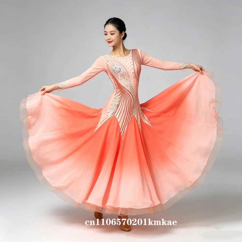 

Women's Gradient Orange Pink Ballroom Dance Dress Long Sleeve Rhinestone Skirt for Waltz Tango Competition