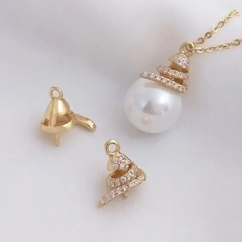 14K Gold Plated Micro-inlaid zircon crystal pearl pendant with half hole spiral empty pendant DIY hand stick bead