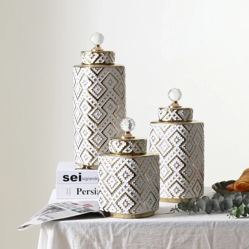Ceramic Crystal Decorative Jar Checkmate can Geometric Golden Relief Jars Storage Tank Vase Storage container Home Decoration