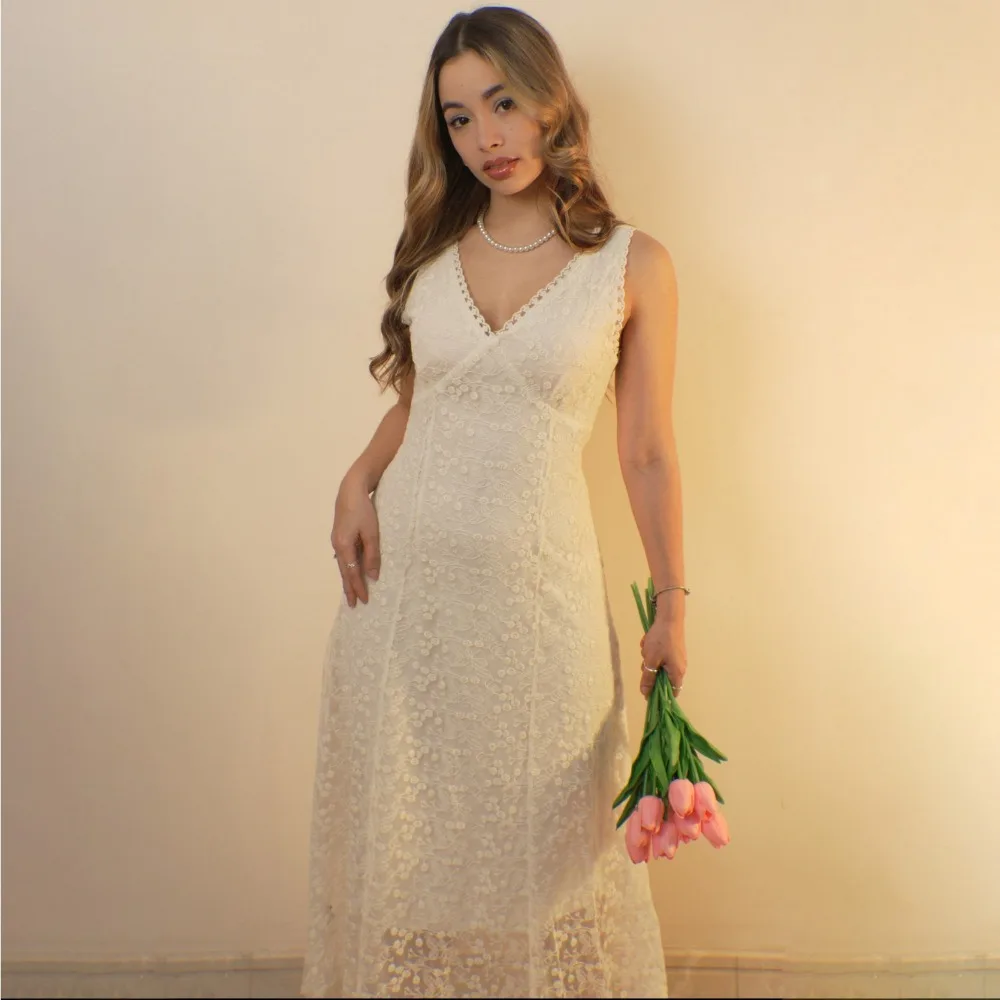 Elegante abito lungo senza maniche in pizzo donna estate telai scollo a V canotta vestito estivo donna femminile vestiti 2025 stile coreano