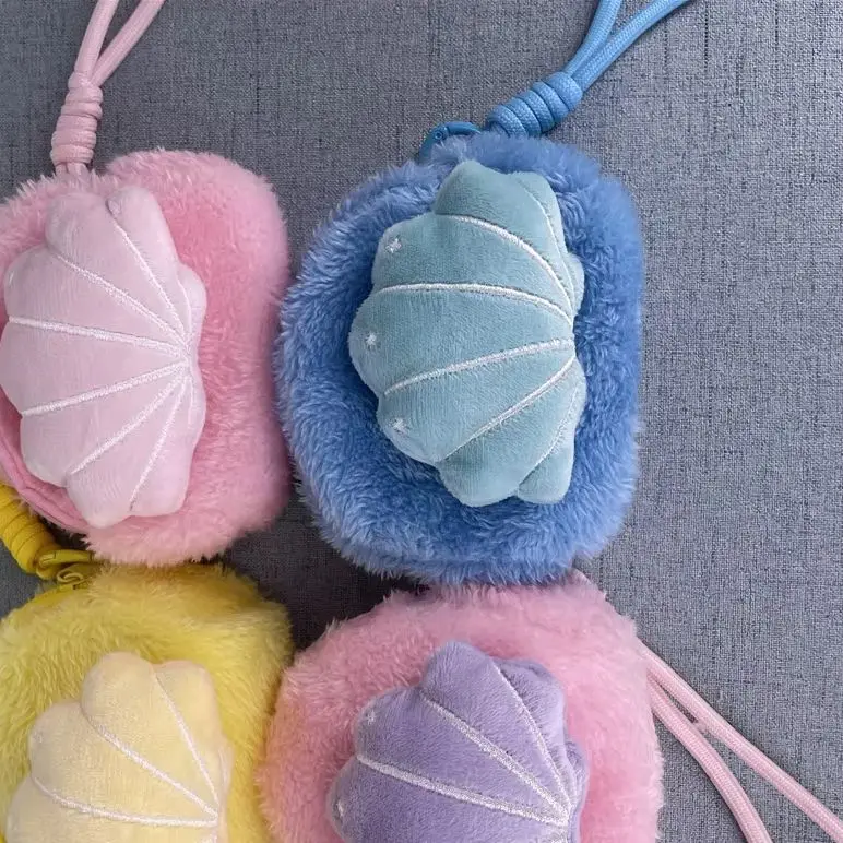 20PCS 4Colors , 11CM Fluffy Shell Design Plush Coin Pouch Bag , Wrist Rope Coin Wallet Purse