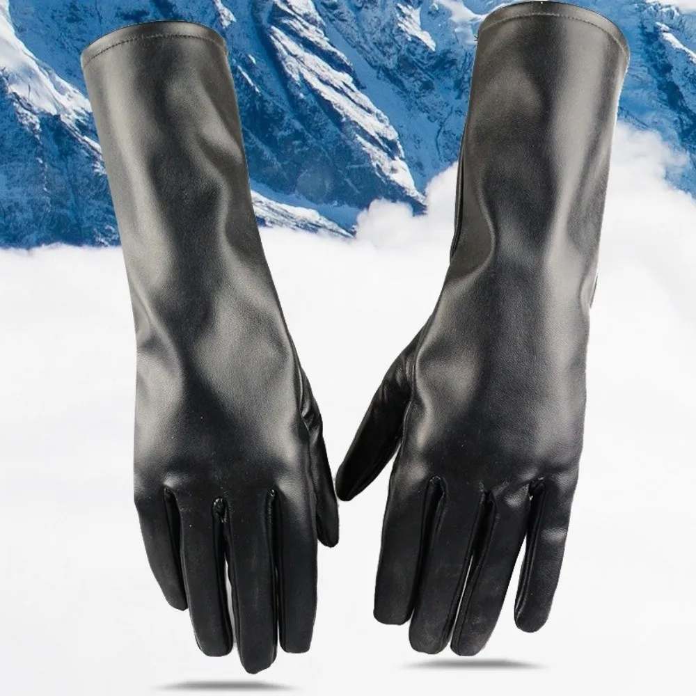 

Elegant Watertight Winter Gloves Antiskid Thicken Pu Leather Gloves Mid-Length Plus Velvet Driving Gloves Female Use