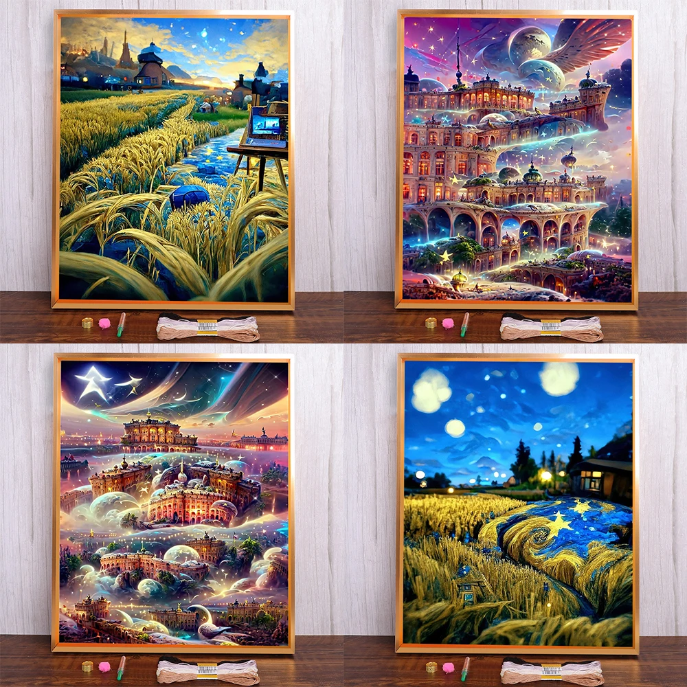 Conto de fadas fantasia paisagem impresso ponto cruz bordado conjunto artesanal tricô pintura bordado jóias agulha atacado