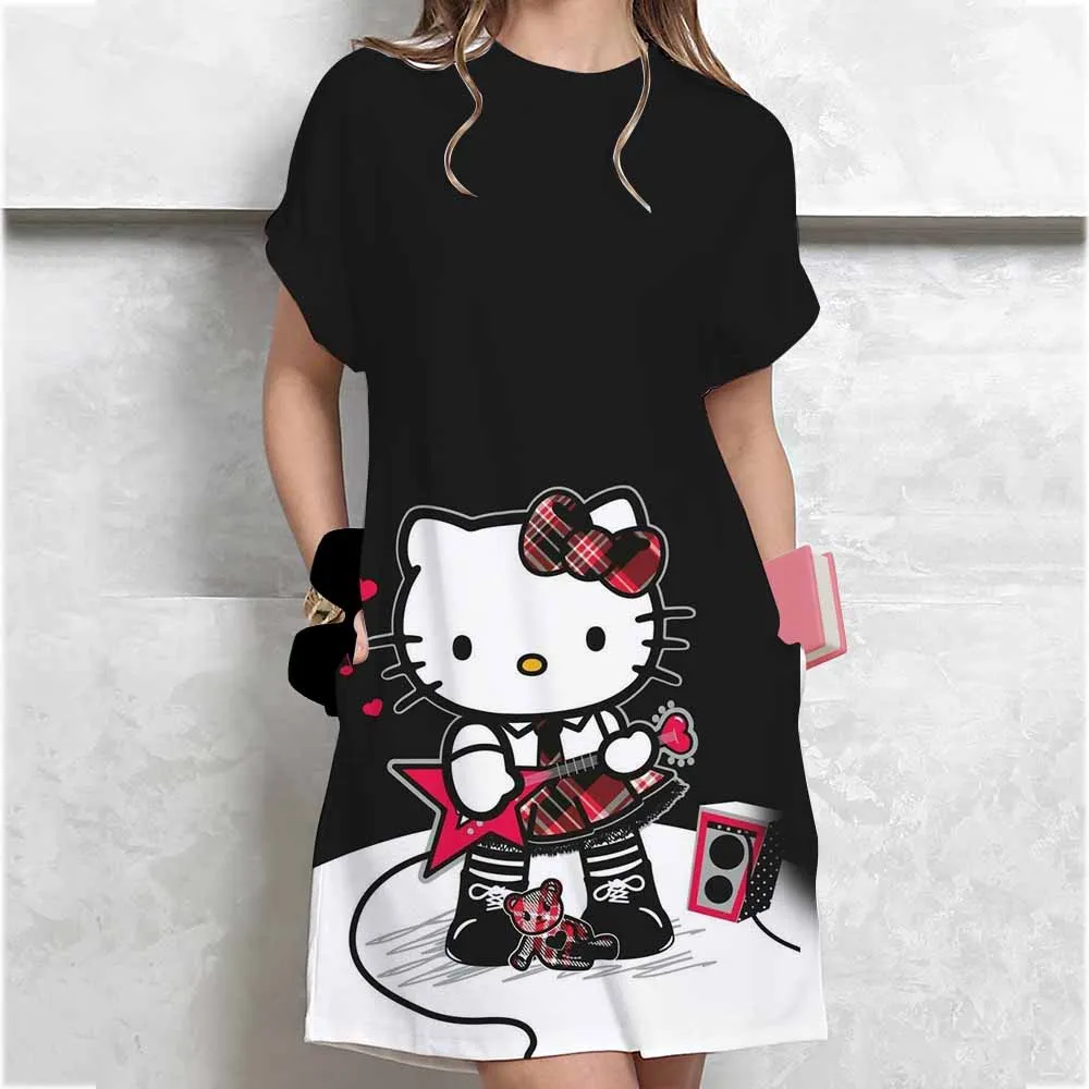 مرحبا كيتي طباعة فستان المرأة الكرتون قصيرة الأكمام س الرقبة تي شيرت فستان موضة لطيف النوم تنورة خلع الملابس الأساسية اليومية