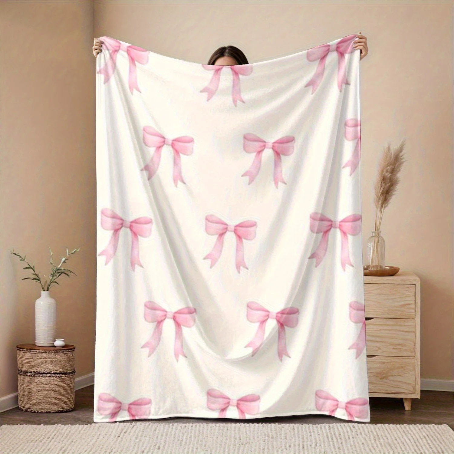 Cute Pink Bowknot Print Throw Blanket Cozy Sofa Couch Manta Soft Bed Decorative Blanket for Bedroom Living Room Decor