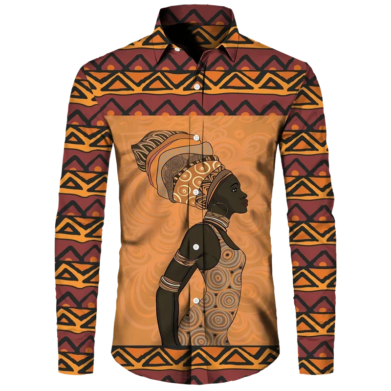 

Ethnic Style African Girl 3D Print Long Sleeve Button Shirts For Men Women Dashiki Folk Female Vintage Tops Couple Clothes Shirt