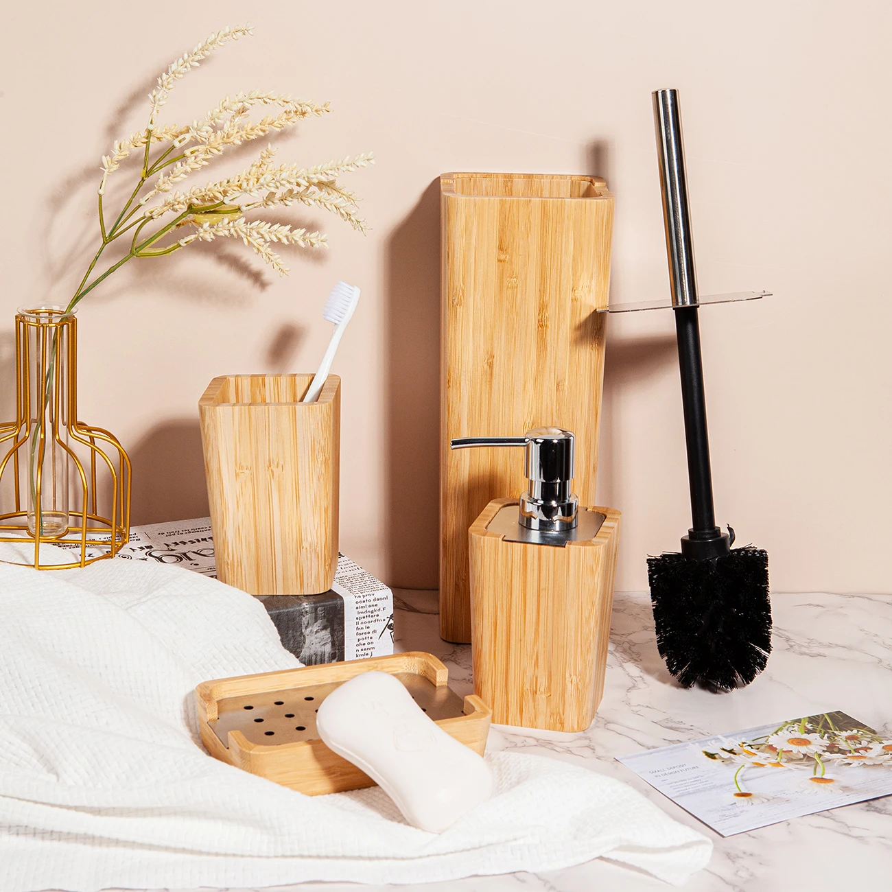 

4 PCS Bamboo Bathroom Accessories Sets Soap Dispenser Toothbrush Holder Soap Dish Toilet Brush Holder