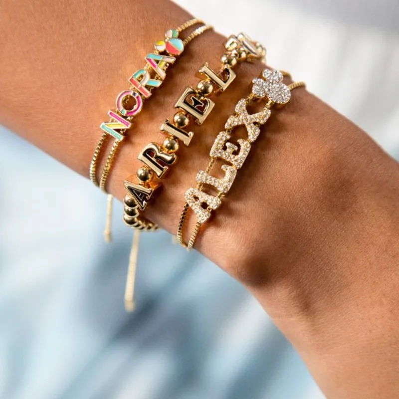 شخصية DIY الملونة فقاعة المنزلق سوار مخصص 18 كيلو مطلية بالذهب A-Z الأولي مكتنزة إلكتروني سوار للنساء JewelryGift #4