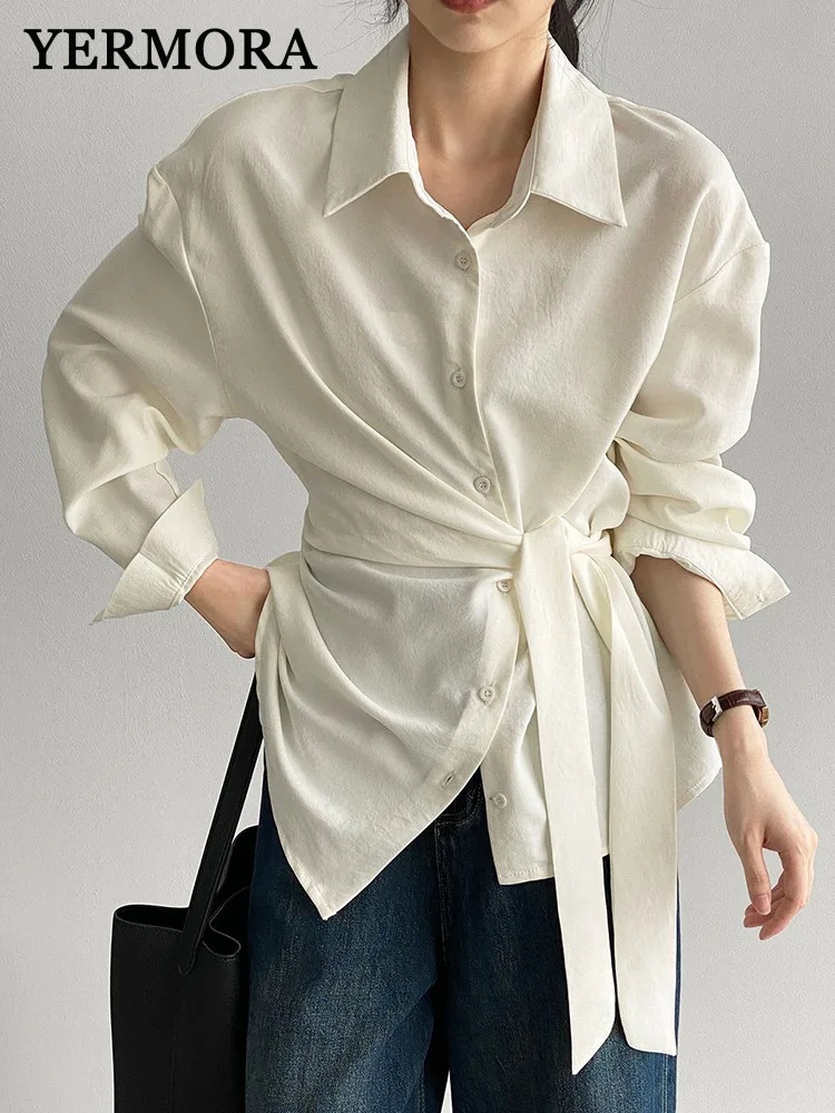 

YERMORA Beige Bandage Button Casual Blouse For Women Lapel Long Sleeve Loose Fit New Shirt Fashion Tide Spring Autumn 2025