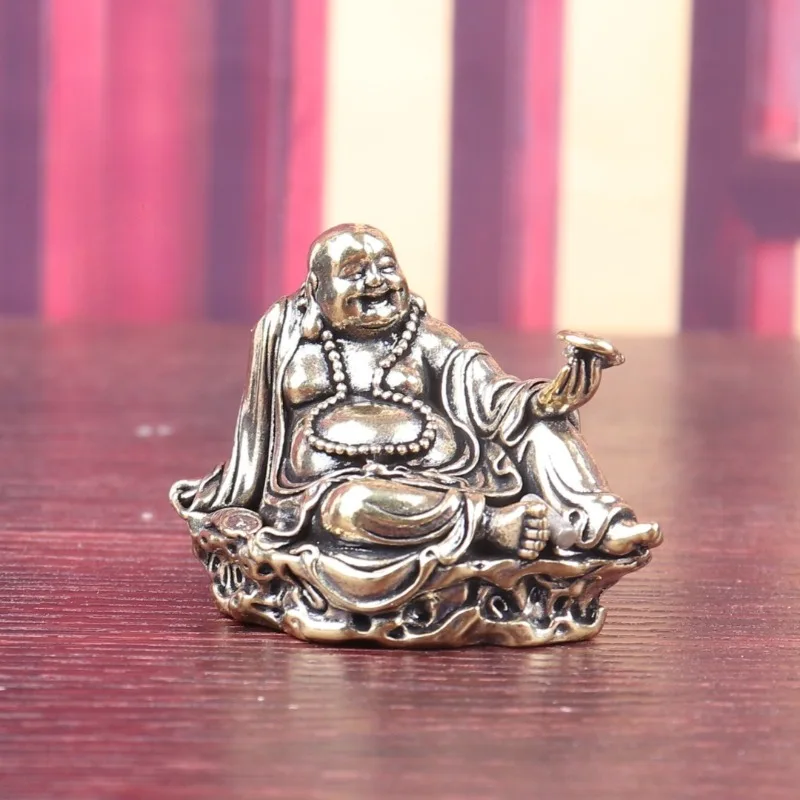 Vintage Brass Laughing Buddha Statue, Mini Maitreya Buddha Figurine Holding Ruyi, Copper Tea Pet, Desktop Decor Craft Gift