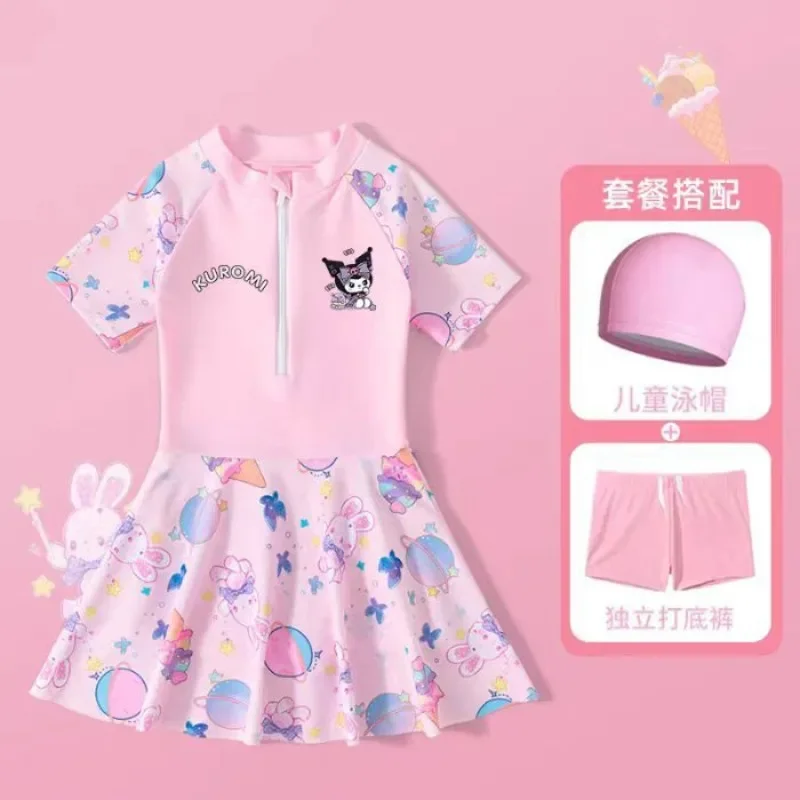 Girly Heart Kawaii MINISO Ins My Melody Kuromi Swimsuit Shirt Cute Cartoon Children Training One-piece Swimming Clothing Gifts