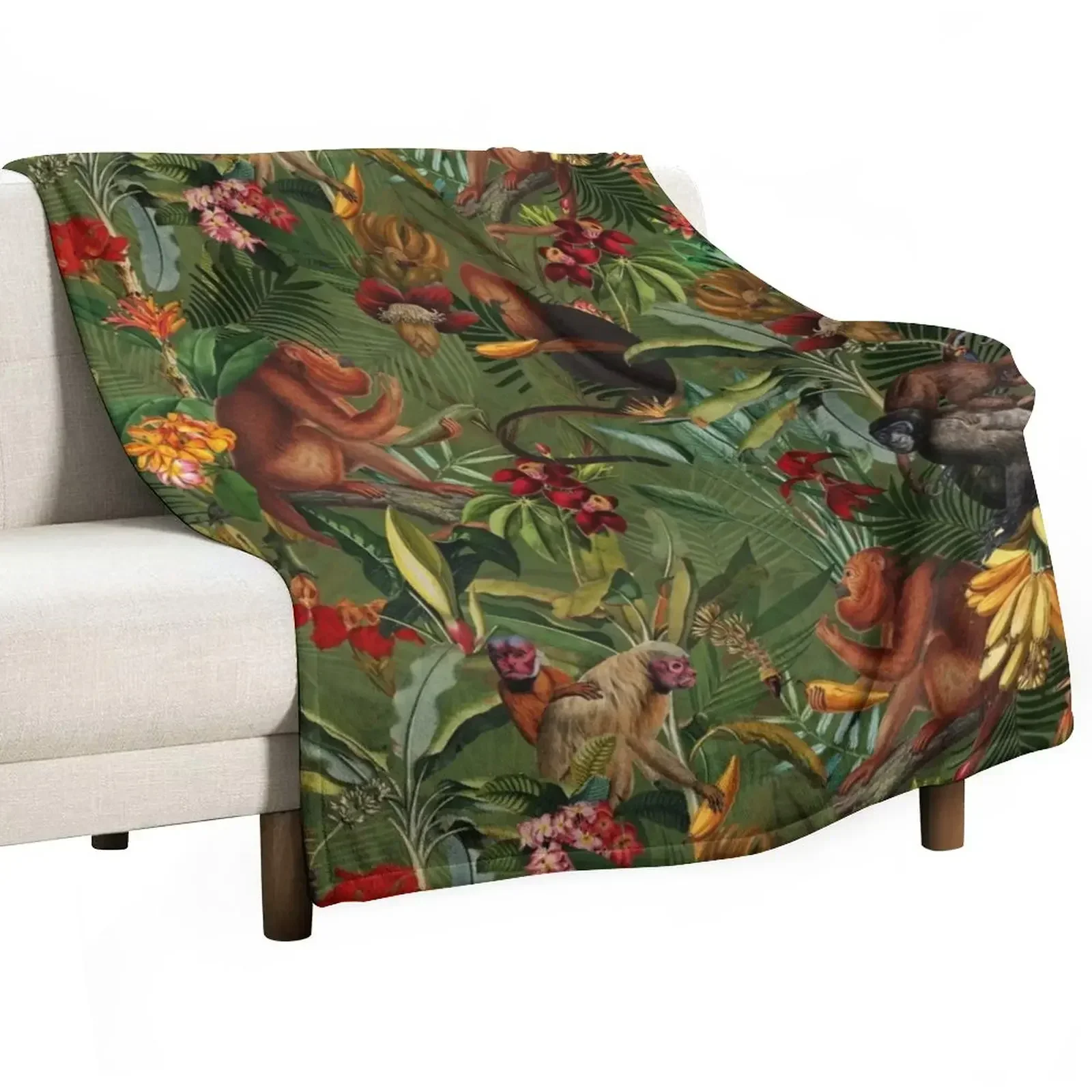 

Tropical monkey jungle pattern - dark green Throw Blanket Decorative Throw Vintage Plush Blankets