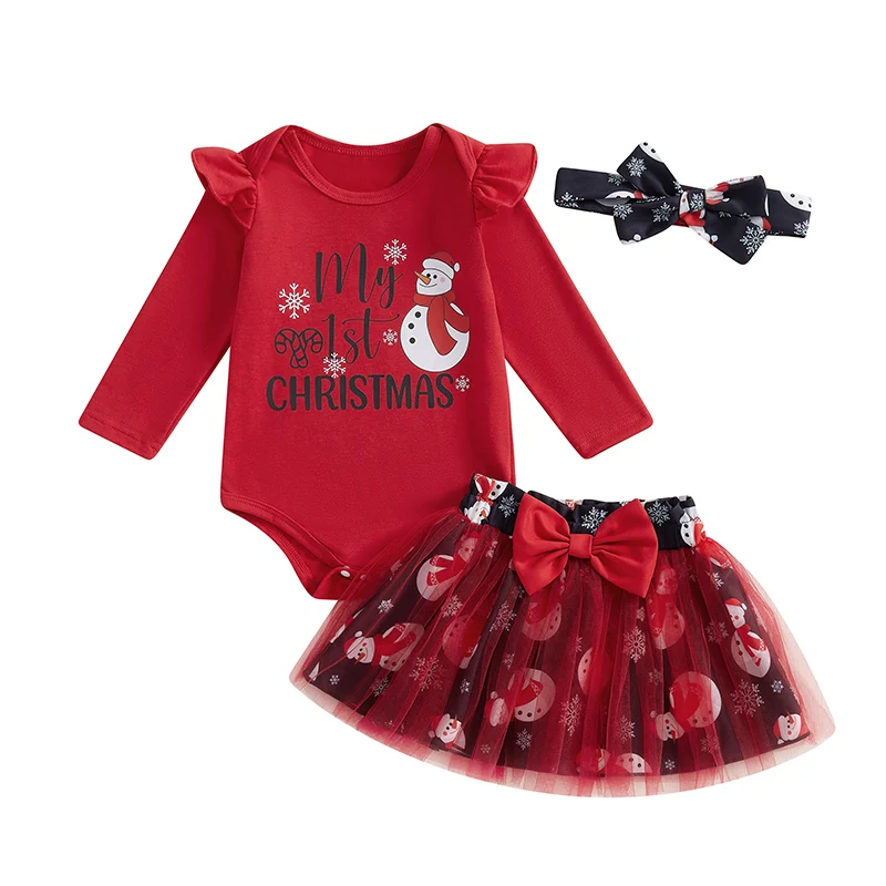 

Baby Girl Christmas Outfit Snowman Print Ruffle Long Sleeve Romper Elastic Waist Tulle Skirt Bow Headband 3 Pcs Set