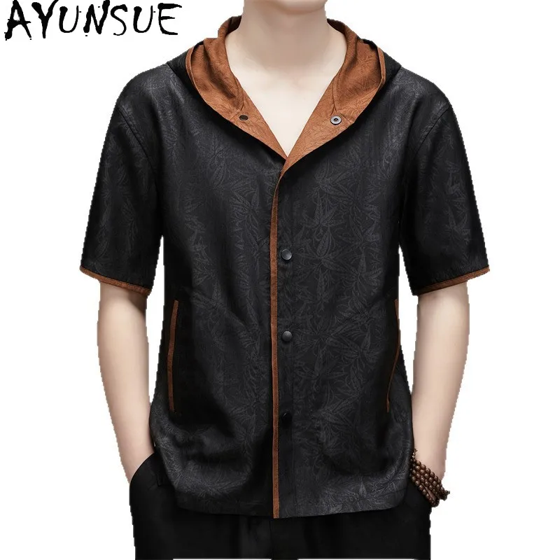 

AYUNSUE High-end 100% Real Mulberry Silk Shirts for Men Summer Luxury Watered Gauze Top Coat Short Sleeve Shirt Hooded Cardigan