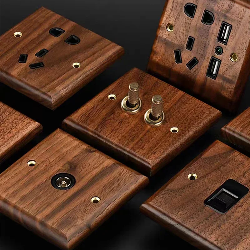 مقبس مفتاح مصباح الجدار الأوروبي القديم، لوحة مفاتيح تبديل نحاسية من الخشب الصلب، مقبس طاقة جداري USB، مفتاح خافت للإضاءة LED