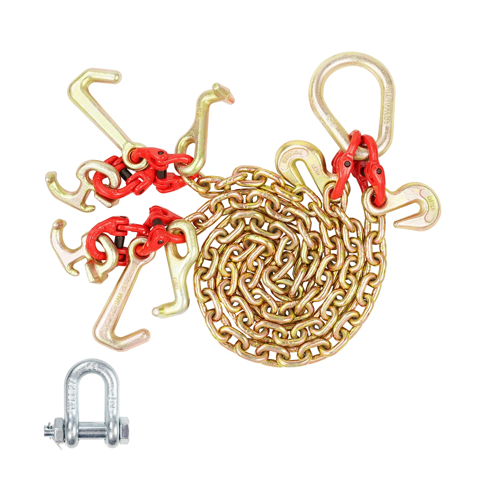 SucceBuy G80 V Towing Binder Chain with R/T/J Hook & Grab Hooks Transport Tow Bridle Chain for Flatbed Truck Wrecker Recovery