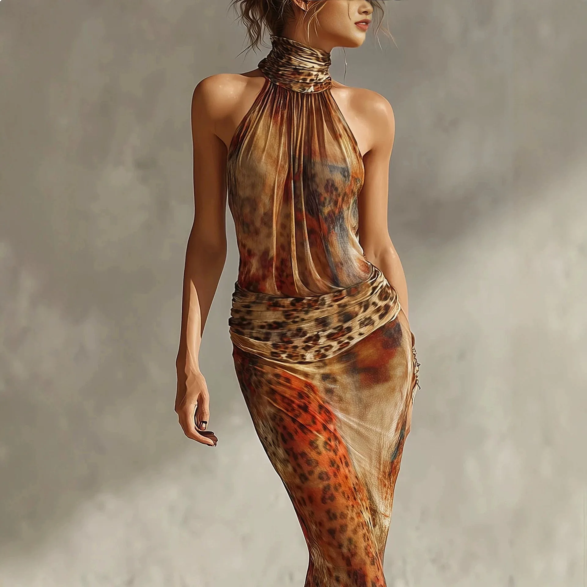 Summer Women Dress Printed Tie Neck Sleeveless Mermaid Maxi Dresses Spring Summer Beach Vacation