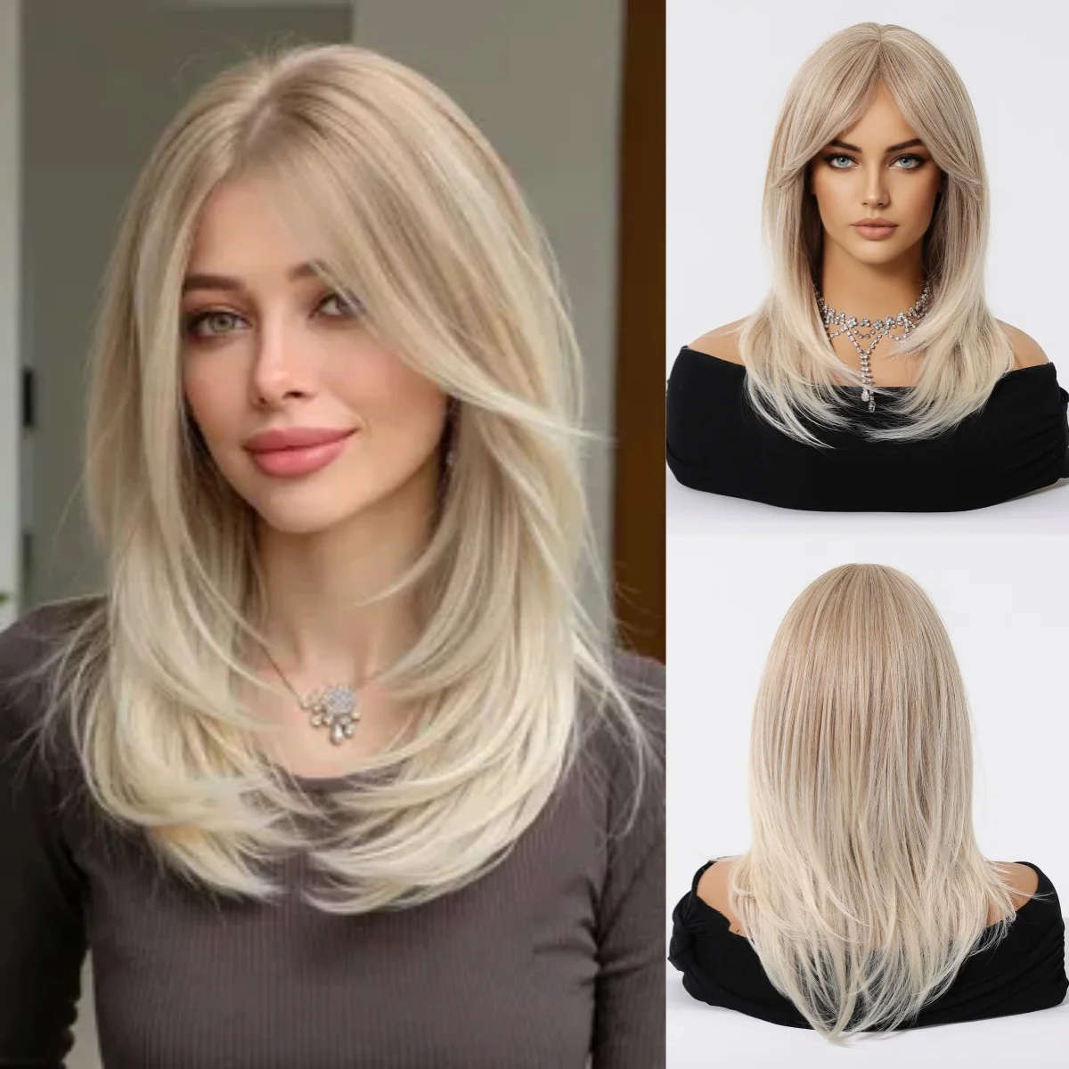 Blonde goldbraune Ombre lange gerade synthetische Perücke für Frauen mit Vorhang-Pony, hitzebeständiges Haar für Frauen, tägliche Party – Detail 11