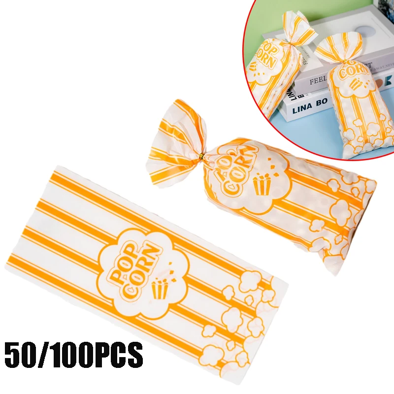 Bolsa de palomitas de maíz con barra Vertical amarilla, 50/100 Uds., nieve crujiente, turrón, galleta, pan, tostada, bolsa informal para artículos horneados para fiesta de cumpleaños