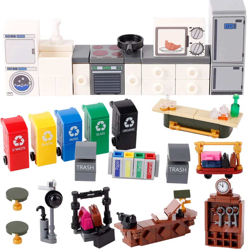 

City House Series Building Blocks Home Furniture Trash Can Kitchen Appliances Refrigerator Washer Oven Hotel Lobby DIY Brick Toy