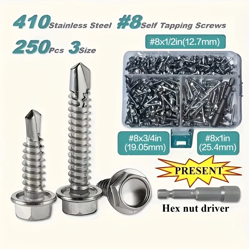 

250pcs Stainless Steel #8 Self-Tapping Screw Assortment Kit, Fully Threaded Round Head Hex Screws for Wood