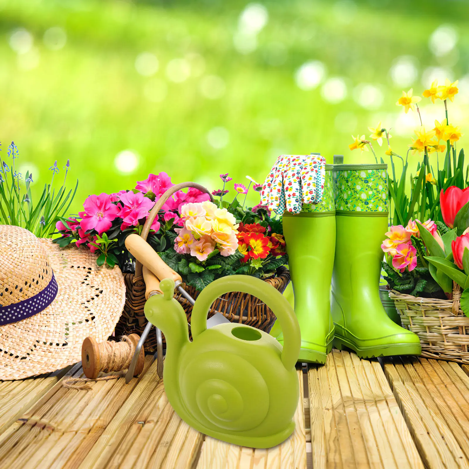 Gardening Tools Cartoon - Cartoon-Gießkanne in niedlicher Schneckenform, leuchtende Bonbonfarben,