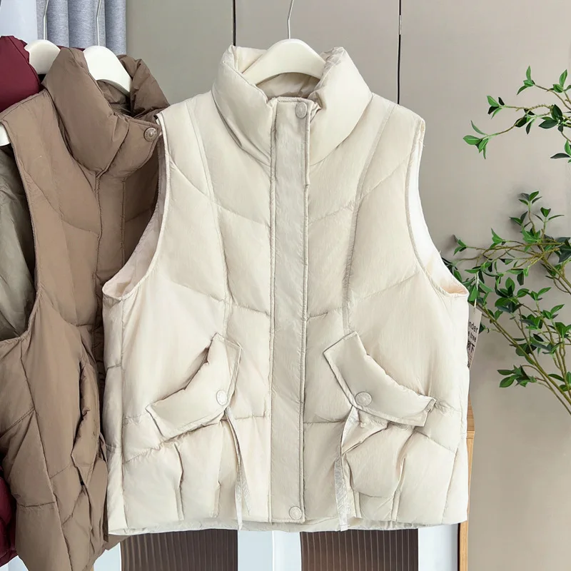 Plus Size Women Down Vest Winter New Loose Oblique Pocket Standing Collar 50% White Duck Down Warm Sleeveless Coat 1317