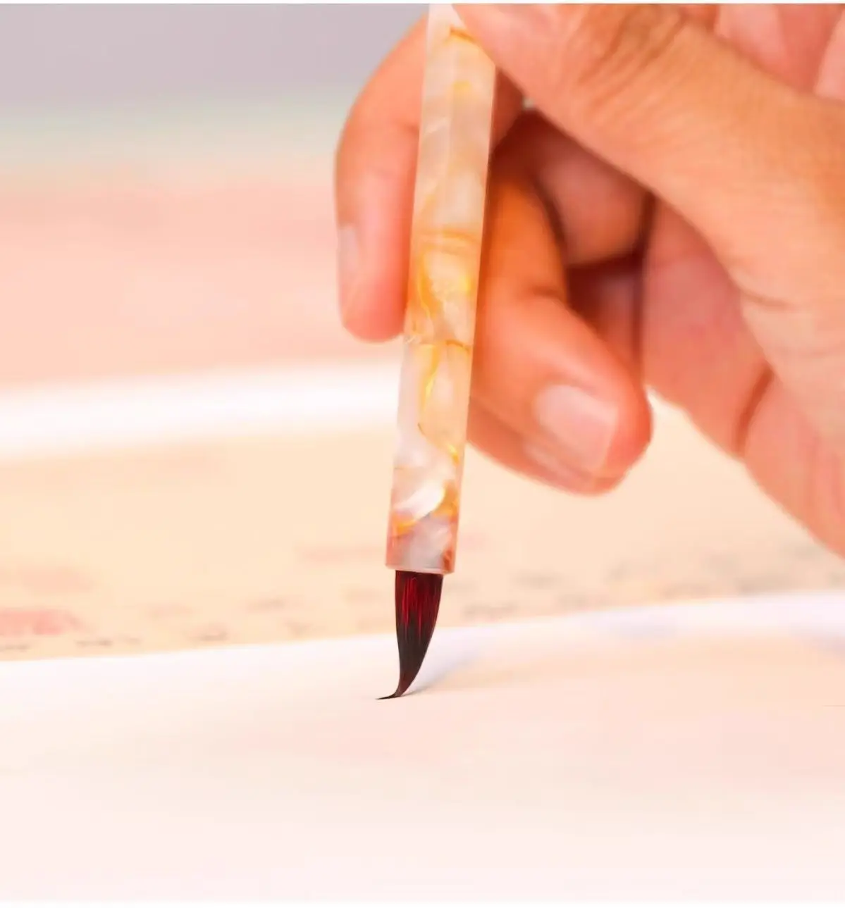 Kalligrafie-Pinsel mit Rotem Wolfshaar, Kleiner Schaft, Dünner Goldener Körper, Hakenförmiger Stift für Präzisionsarbeiten – Detail 8