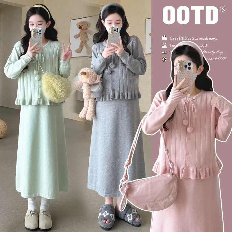 maternity-set-autumn-gentle-sweet-ruffled-hem-pom-pom-single-breasted-sweater-coat-and-cami-dress-two-piece-set-soft-comfortable