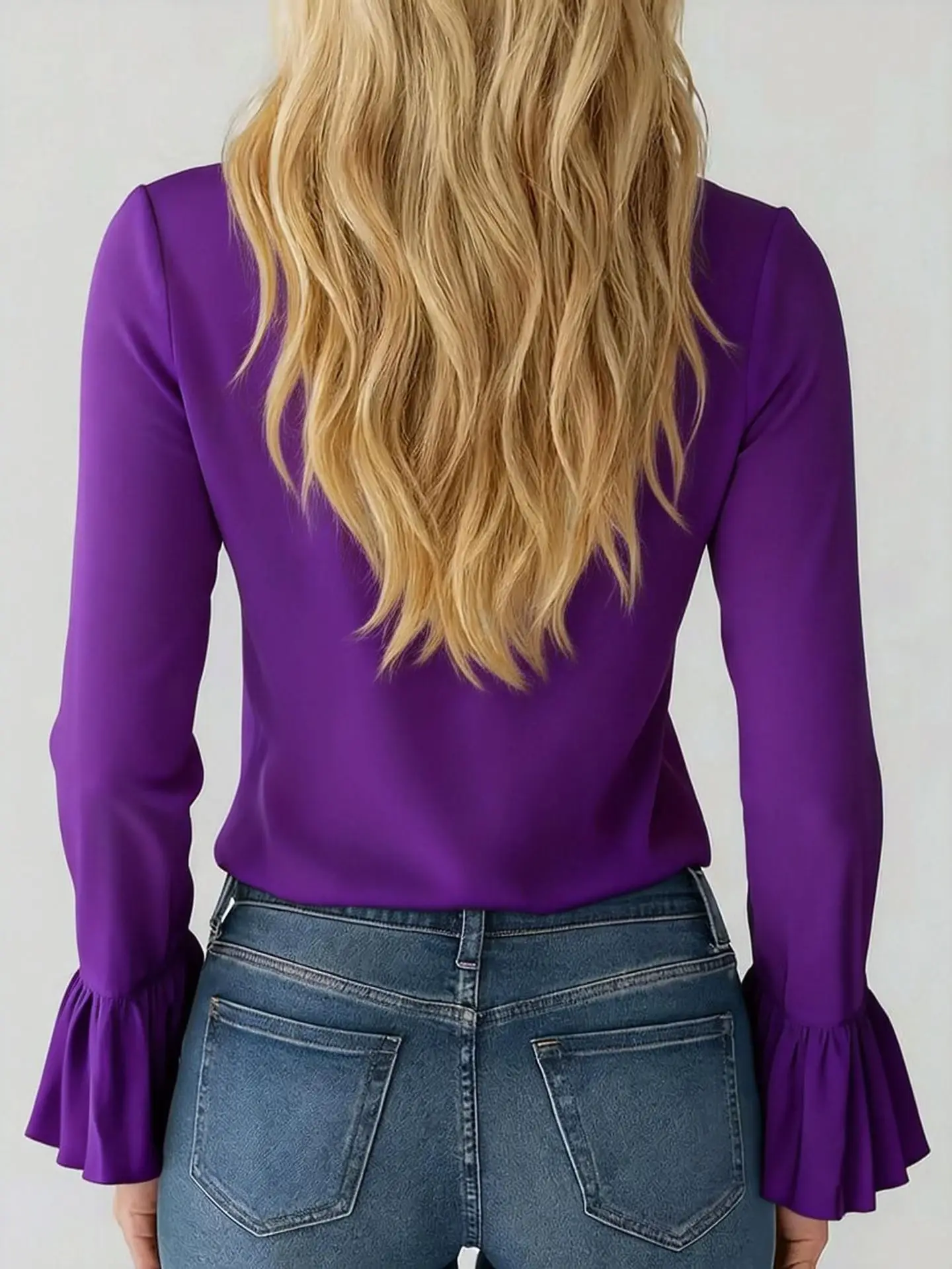 2026 Frühling Europäischer Stil Einfarbige Chiffon-Bluse mit V-Ausschnitt und Rüschenärmeln Chiffon Damenblusen und Hemden – Detail 7