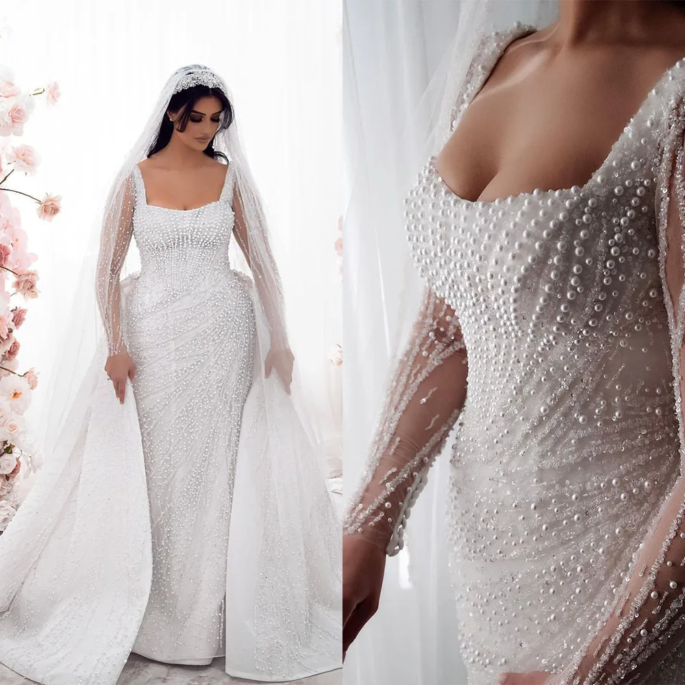 Luxury Mermaid Wedding Dress Bateau Lace Satin Sequins Pearls Sleeveless Bridal Gowns Detachable Train Robe De Mariée Plus Size