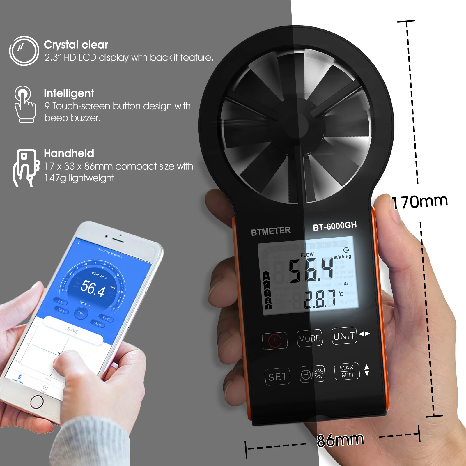 Digital Handheld Anemometer,Wind Speed Meter with Touching Key,Temperature,Rechargeable,Instrument of Air Volume Test BT-6000GH