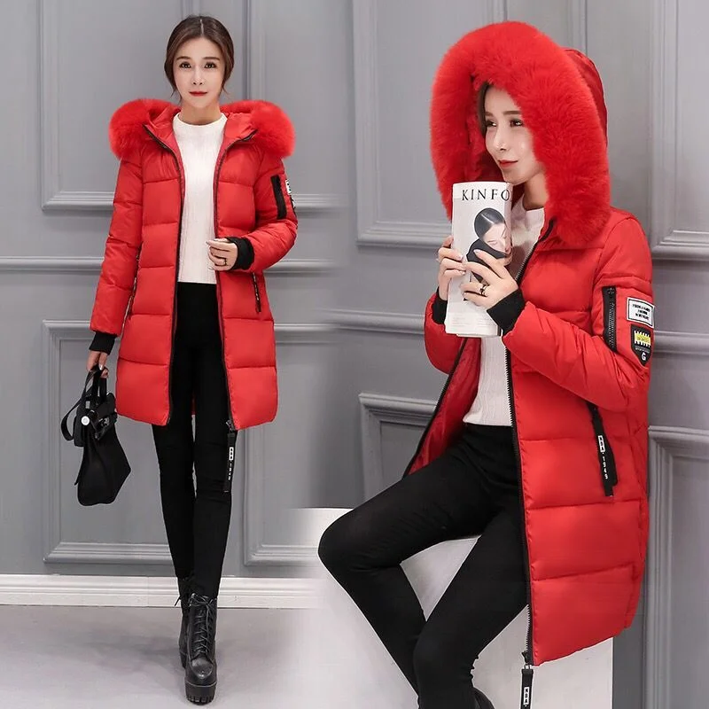 2023 New Women Down Cotton Coat Winter Jacket Female Mid Length Version Parkas Artificial Fur Collar Outwear Slim Was Overcoat