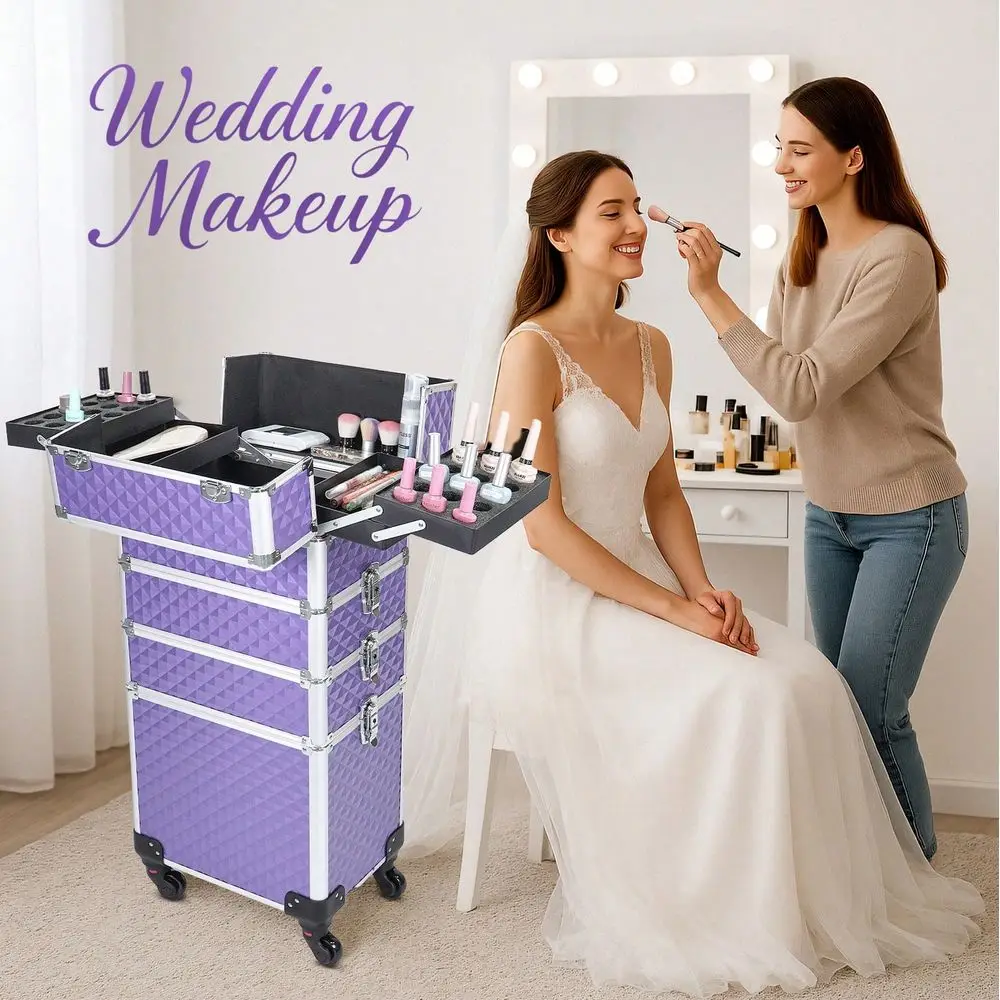 Makeup Train Case Large Storage Cosmetic Trolley 4 In 1 Large Capacity Trolley Makeup Travel Case Salon Barber Case Traveling C