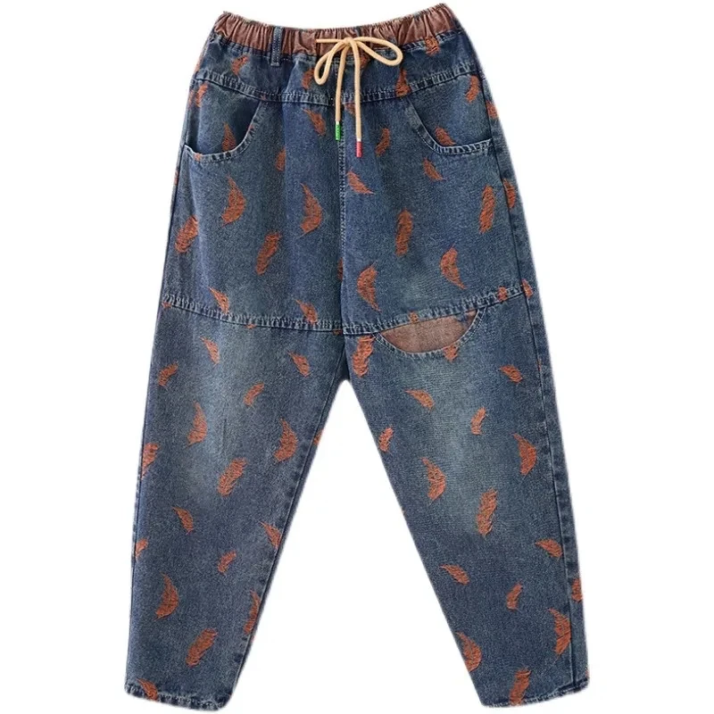 Pantalones bombachos con bordado de plumas Retro, pantalones vaqueros a la moda para mujer, corbata holgada de ocio, pantalones vaqueros de ocio salvaje de nueve puntos para verano